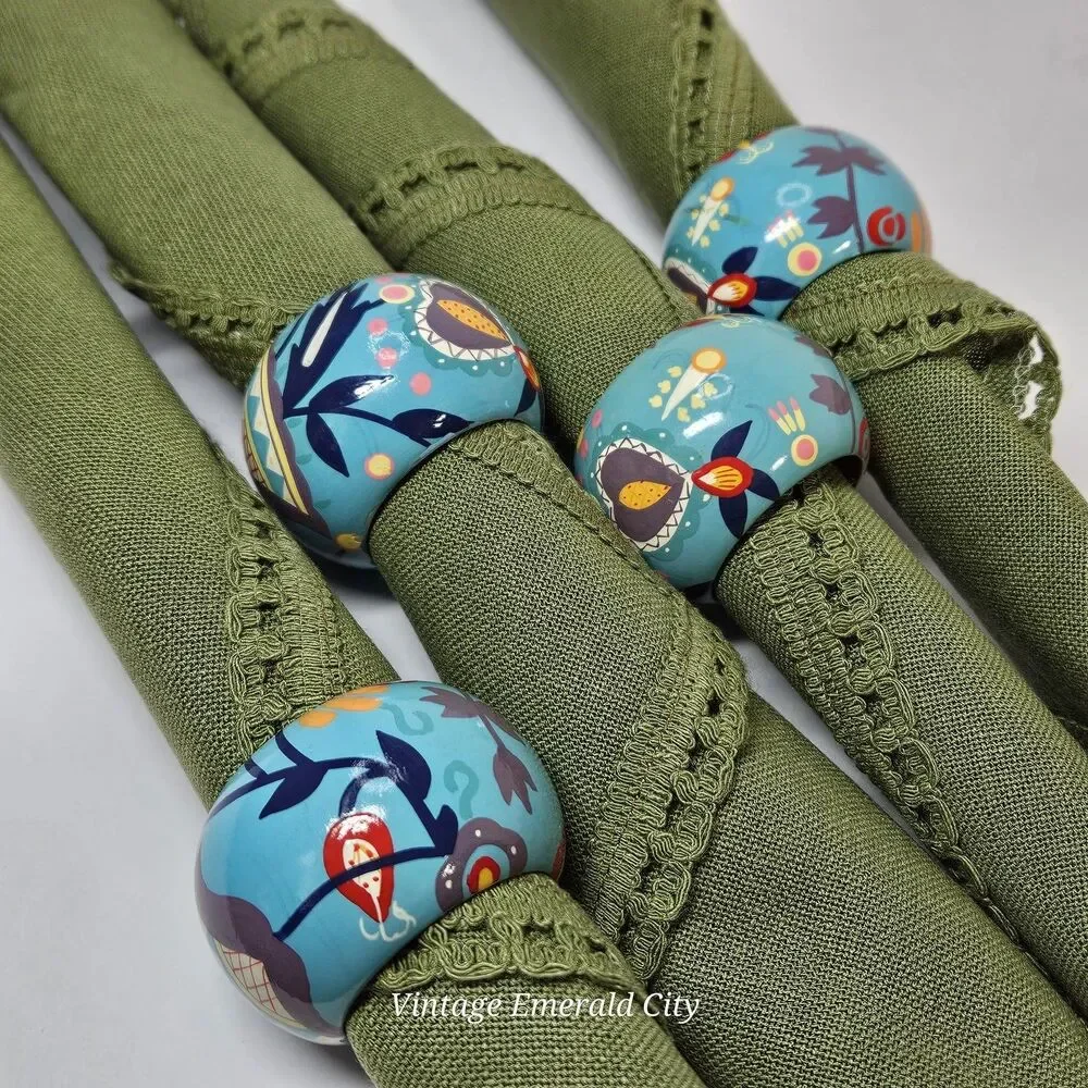 Vtg Set of 4 Wooden Hand Painted Bohemian blue/teal Floral Napkin Rings Spring
